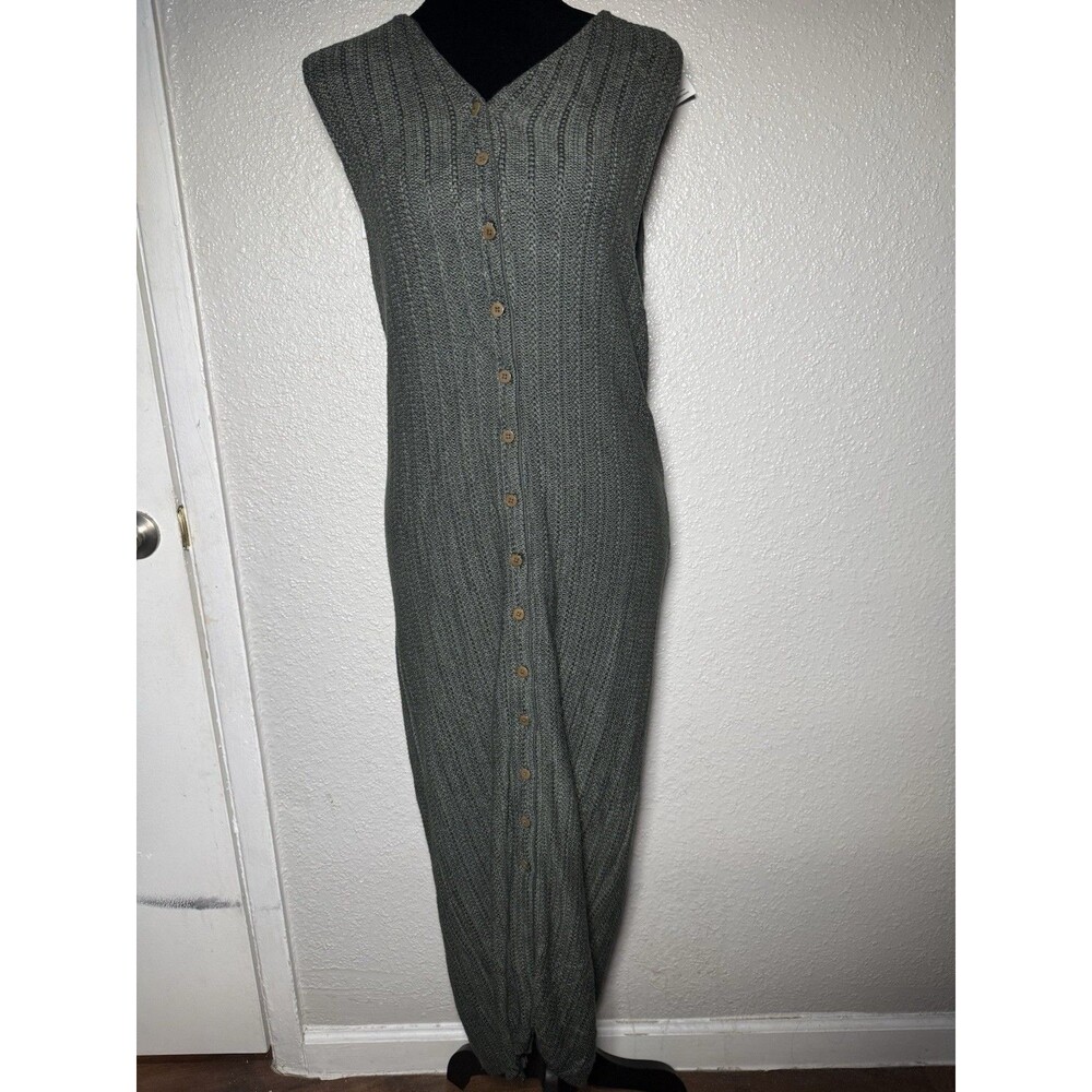 vintage Eileen Fisher Knit Maxi Dress Sleeveless Button Front Gray Green *flaw*